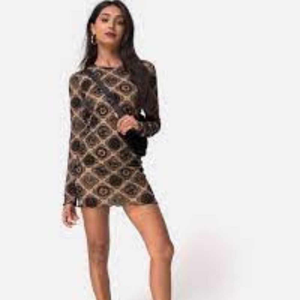 Motel Rocks Black and Brown Geometric Long Sleeve Mini Dress